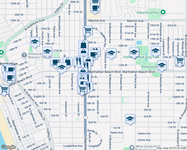 map of restaurants, bars, coffee shops, grocery stores, and more near 1141 11th Street in Manhattan Beach