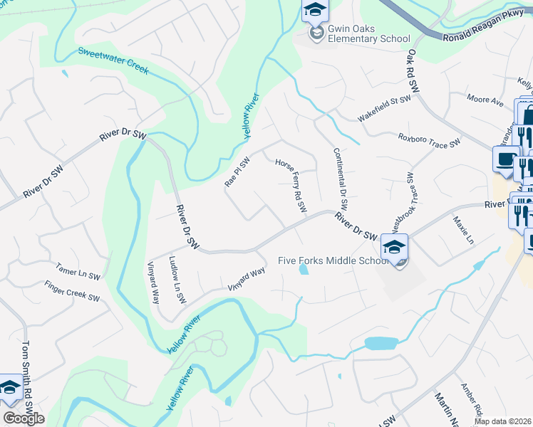 map of restaurants, bars, coffee shops, grocery stores, and more near 688 Rae Drive Southwest in Lawrenceville