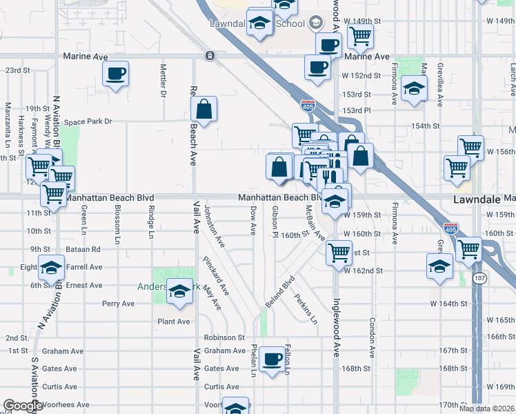 map of restaurants, bars, coffee shops, grocery stores, and more near 3408 Dow Avenue in Redondo Beach