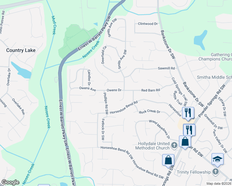 map of restaurants, bars, coffee shops, grocery stores, and more near 2626 Smith Avenue Southwest in Marietta