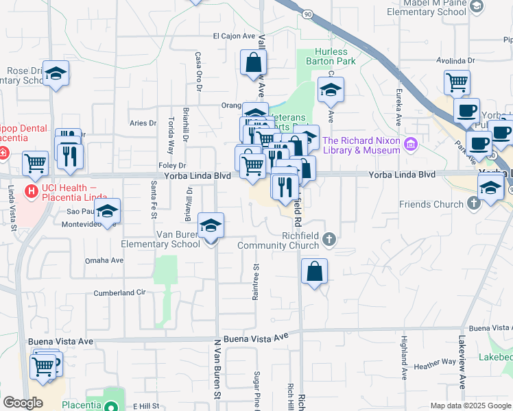 map of restaurants, bars, coffee shops, grocery stores, and more near 17503 Cerro Vista Drive in Yorba Linda