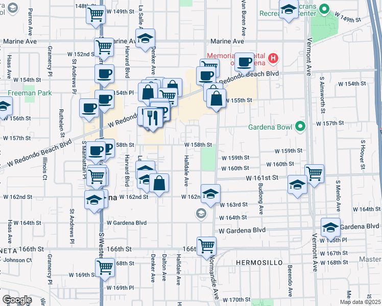 map of restaurants, bars, coffee shops, grocery stores, and more near 15827 Halldale Avenue in Gardena