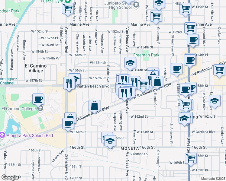 map of restaurants, bars, coffee shops, grocery stores, and more near 15819 Galaxy Place in Gardena