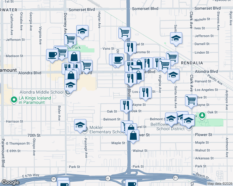 map of restaurants, bars, coffee shops, grocery stores, and more near 16245 Lakewood Boulevard in Bellflower