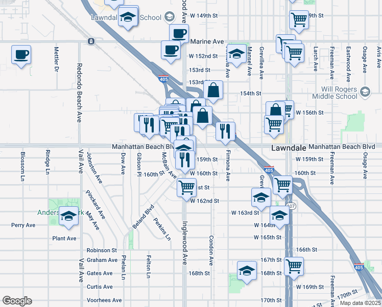 map of restaurants, bars, coffee shops, grocery stores, and more near 4747 1/2 West 159th Street in Lawndale