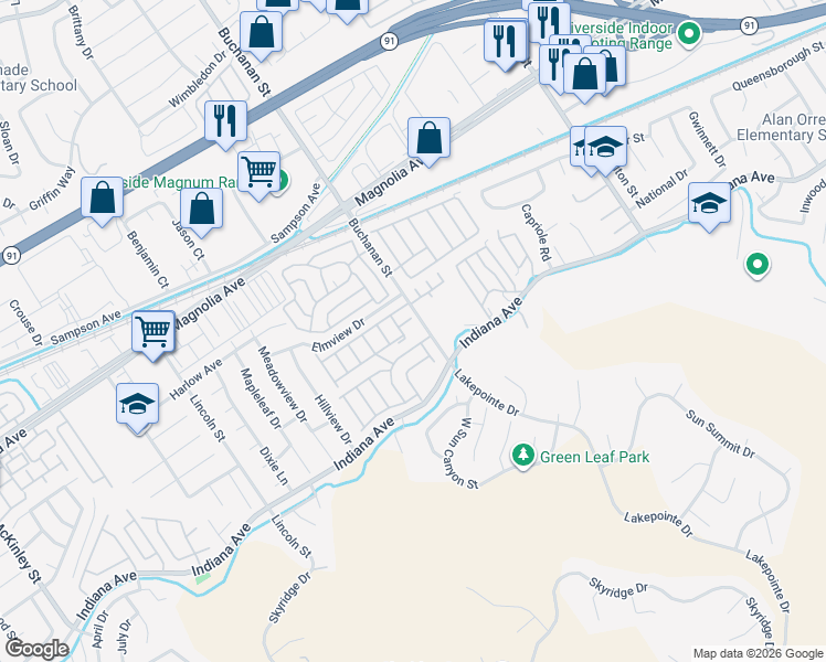 map of restaurants, bars, coffee shops, grocery stores, and more near 3590 Buchanan Street in Riverside