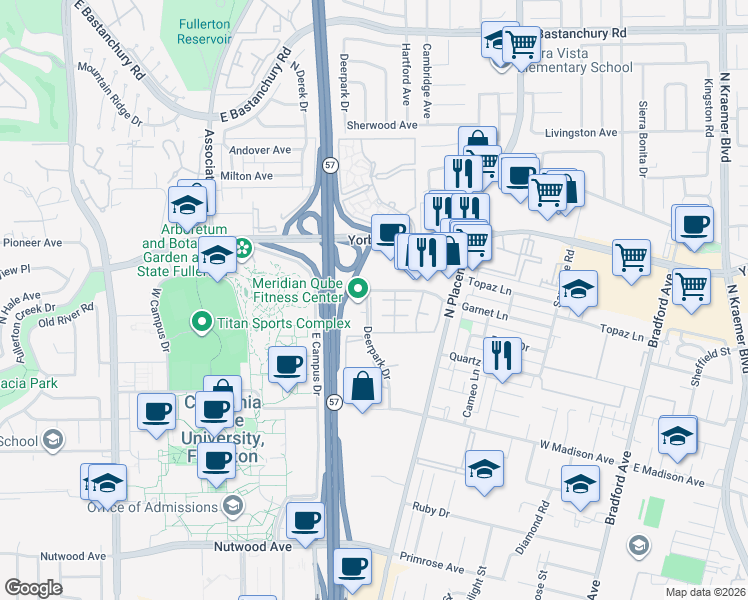 map of restaurants, bars, coffee shops, grocery stores, and more near 1538 Windsor Lane in Fullerton