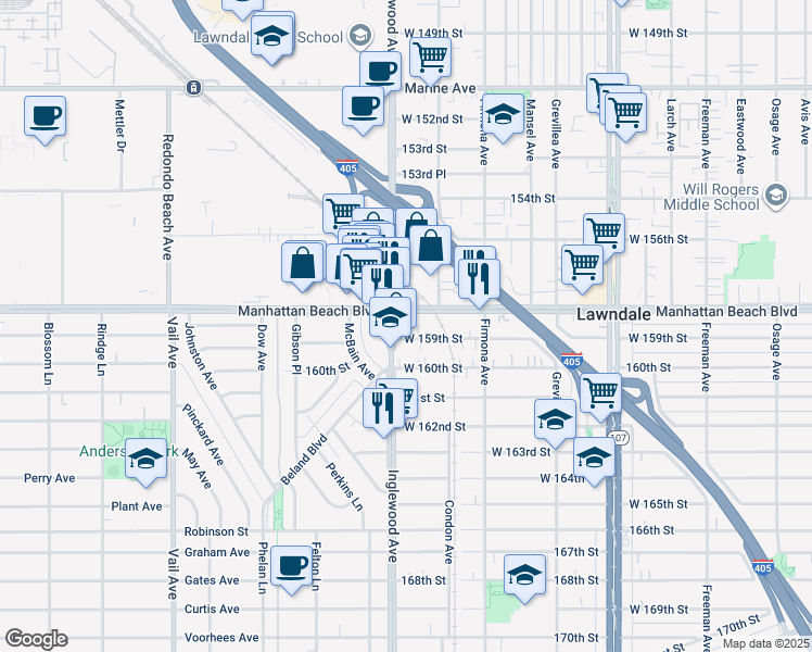 map of restaurants, bars, coffee shops, grocery stores, and more near 4747 1/2 West 159th Street in Lawndale