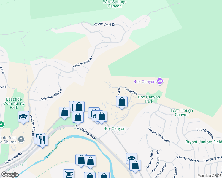 map of restaurants, bars, coffee shops, grocery stores, and more near 5025 Twilight Canyon Road in Yorba Linda