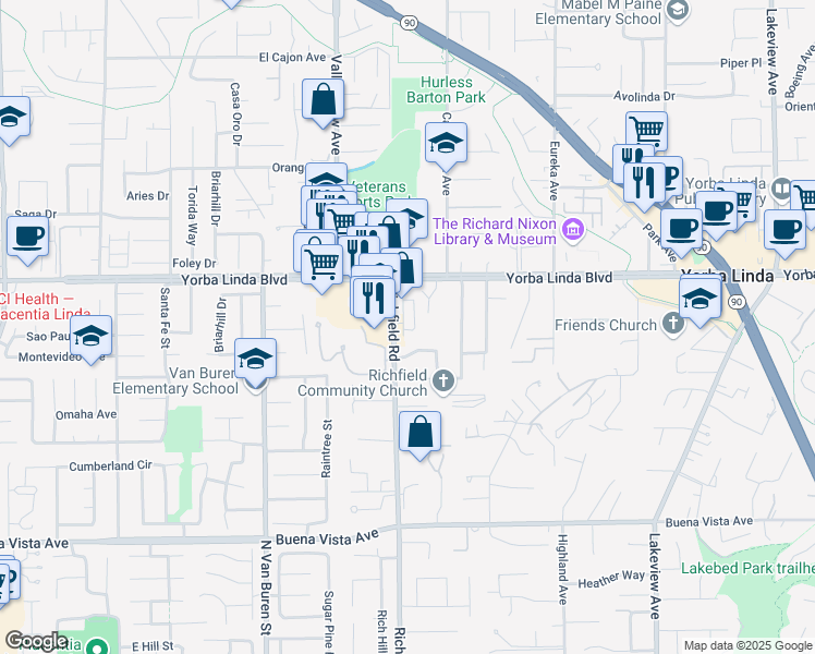 map of restaurants, bars, coffee shops, grocery stores, and more near 5086 Burgundy Lane in Yorba Linda