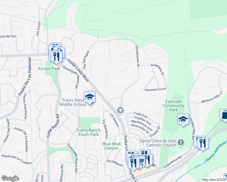 map of restaurants, bars, coffee shops, grocery stores, and more near 21670 Dunrobin Way in Yorba Linda