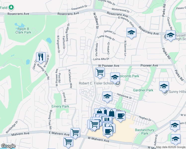 map of restaurants, bars, coffee shops, grocery stores, and more near in Fullerton