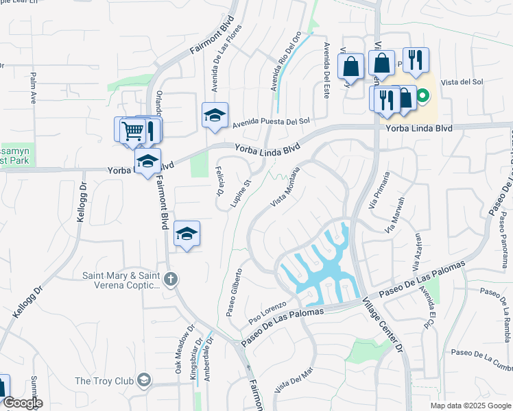 map of restaurants, bars, coffee shops, grocery stores, and more near 5205 Vista Montana in Yorba Linda