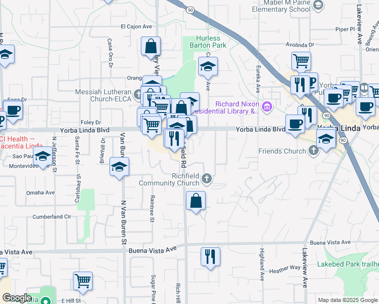 map of restaurants, bars, coffee shops, grocery stores, and more near 5086 Burgundy Lane in Yorba Linda