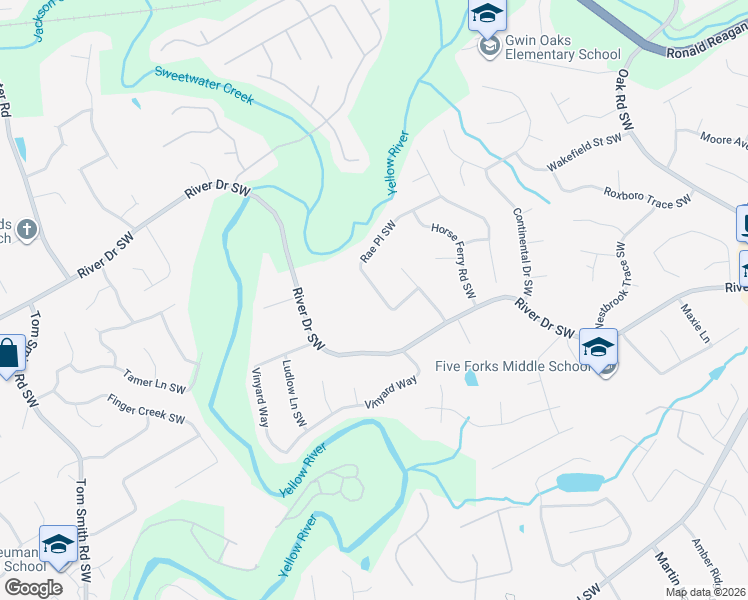 map of restaurants, bars, coffee shops, grocery stores, and more near 3373 Rae Place Southwest in Lawrenceville