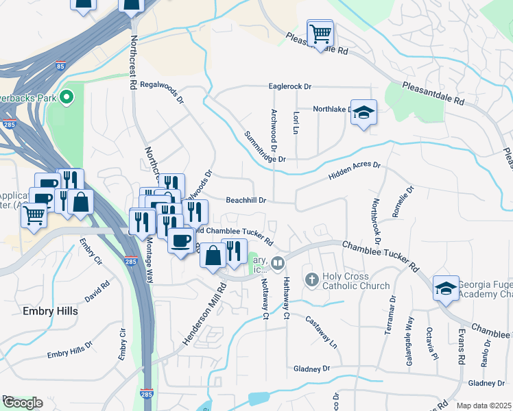map of restaurants, bars, coffee shops, grocery stores, and more near 3543 Beachhill Drive in Doraville