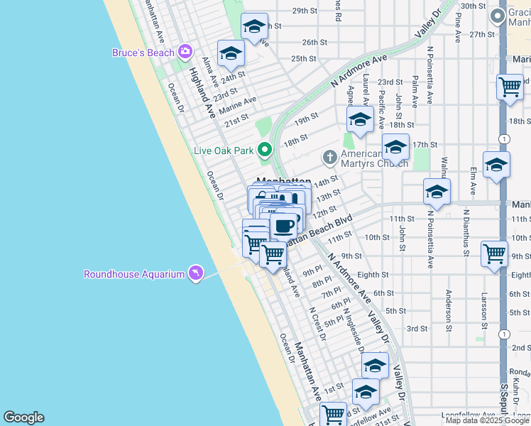map of restaurants, bars, coffee shops, grocery stores, and more near 1320 Highland Avenue in Manhattan Beach