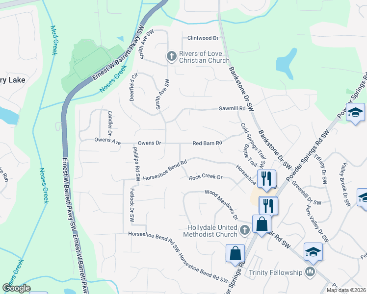 map of restaurants, bars, coffee shops, grocery stores, and more near 2765 Rock Creek Drive in Marietta