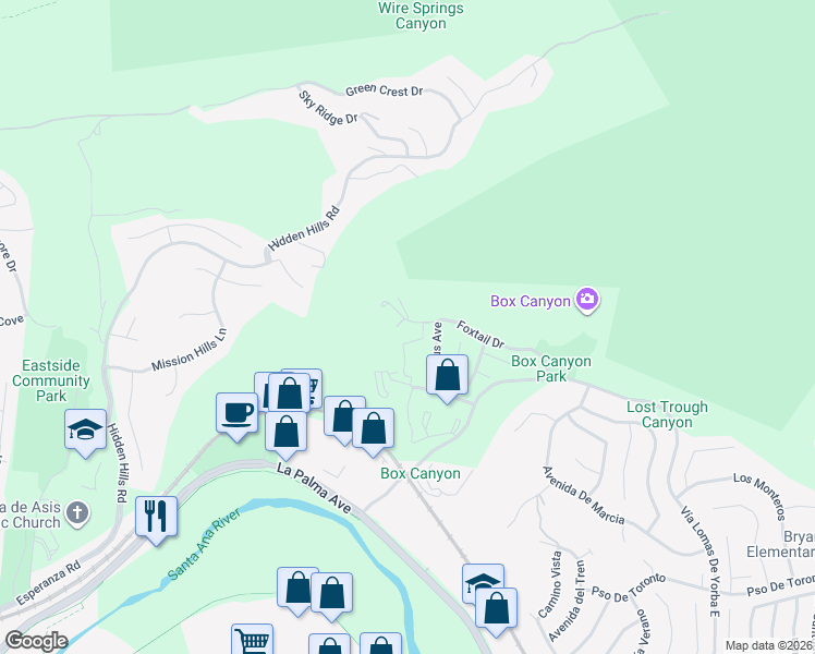 map of restaurants, bars, coffee shops, grocery stores, and more near 5035 Twilight Canyon Road in Yorba Linda