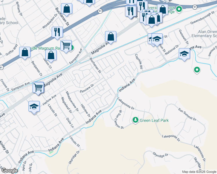 map of restaurants, bars, coffee shops, grocery stores, and more near 3500 Village Garden Mobile Home Park in Riverside