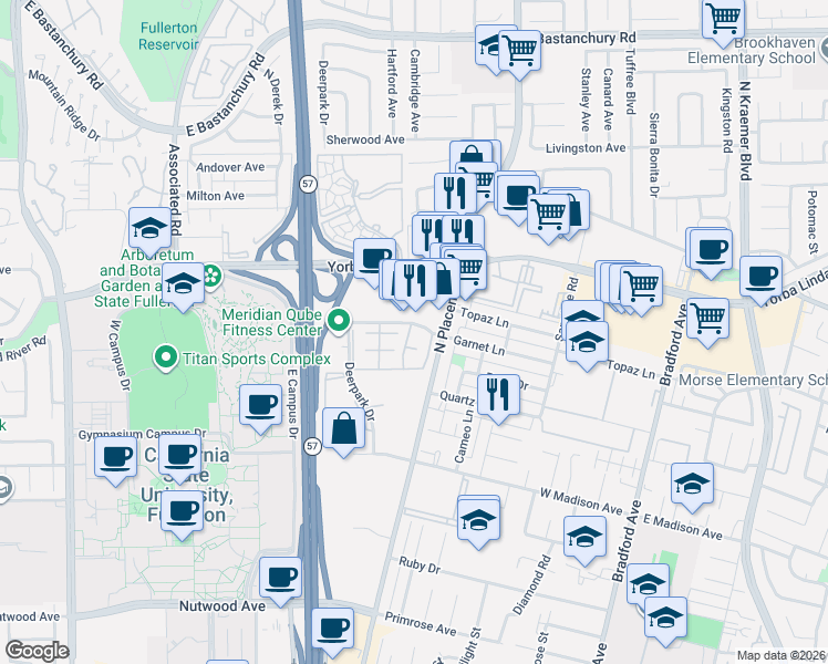 map of restaurants, bars, coffee shops, grocery stores, and more near 1544 Wavertree Lane in Fullerton