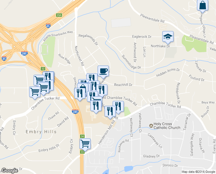 map of restaurants, bars, coffee shops, grocery stores, and more near 3479 Beachhill Drive in Doraville