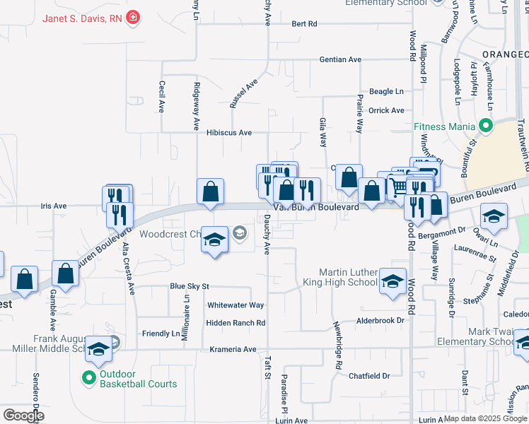 map of restaurants, bars, coffee shops, grocery stores, and more near 18451 Van Buren Boulevard in Riverside