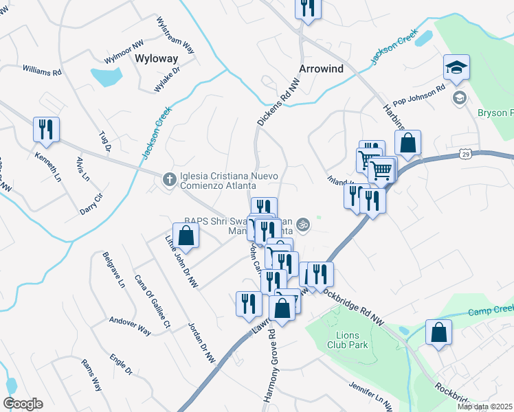 map of restaurants, bars, coffee shops, grocery stores, and more near 459 Candlewick Lane Northwest in Lilburn