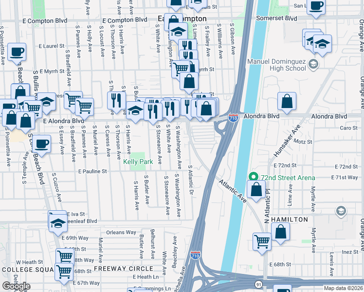 map of restaurants, bars, coffee shops, grocery stores, and more near 1106 South Washington Avenue in Compton