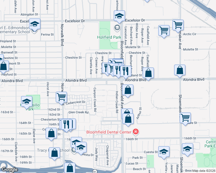 map of restaurants, bars, coffee shops, grocery stores, and more near 12506 East Pine Creek Road in Cerritos