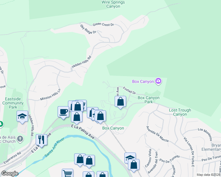 map of restaurants, bars, coffee shops, grocery stores, and more near 5320 Twilight Canyon Road in Yorba Linda