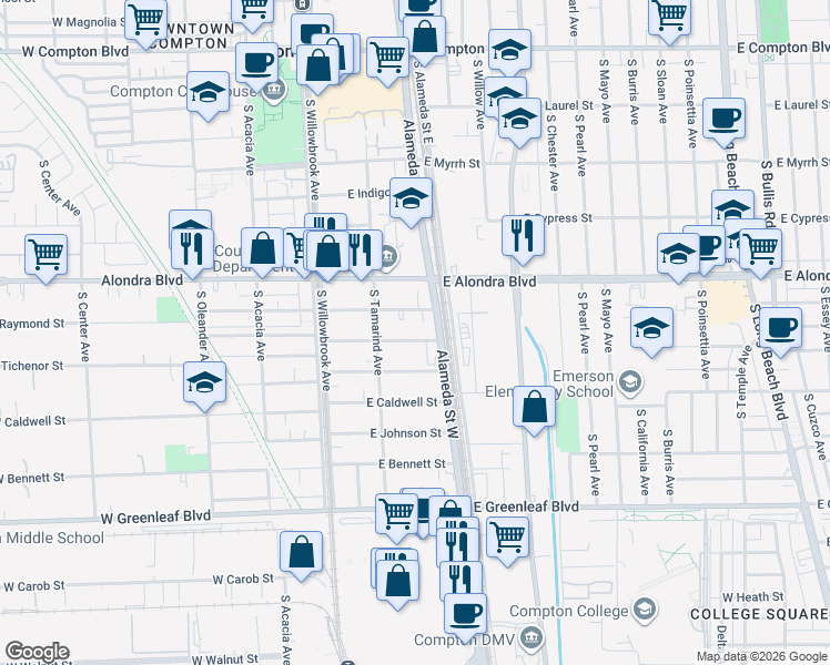 map of restaurants, bars, coffee shops, grocery stores, and more near 230 East Reeve Street in Compton