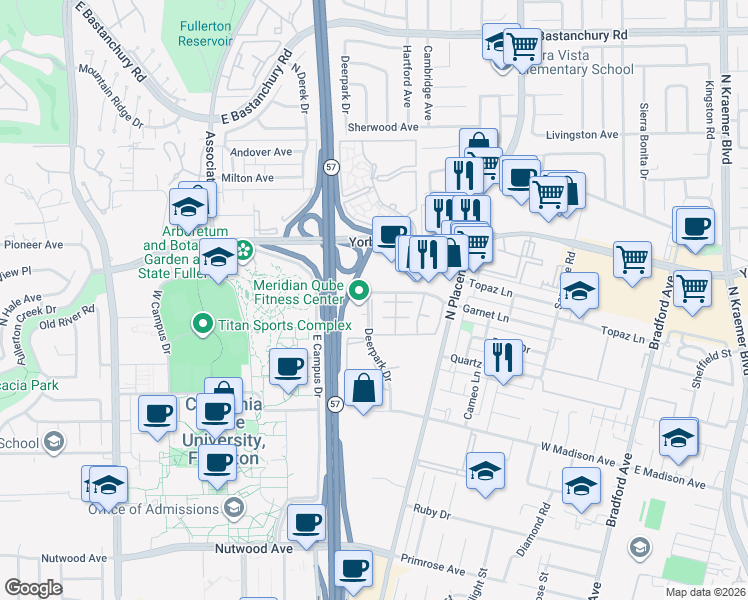map of restaurants, bars, coffee shops, grocery stores, and more near 1538 Windsor Lane in Fullerton