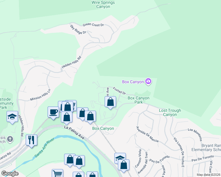 map of restaurants, bars, coffee shops, grocery stores, and more near 23080 Foxtail Drive in Yorba Linda