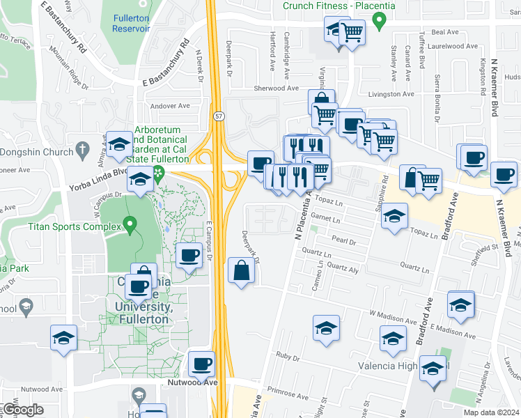 map of restaurants, bars, coffee shops, grocery stores, and more near 2915 Barrington Court in Fullerton