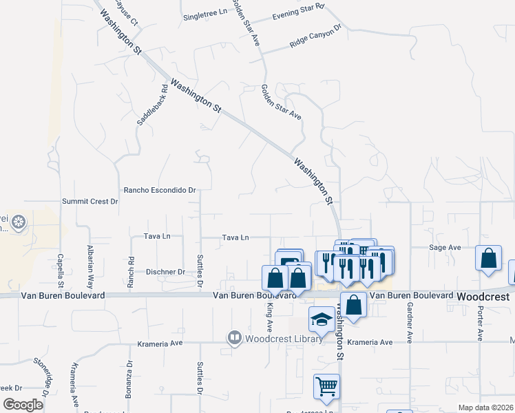 map of restaurants, bars, coffee shops, grocery stores, and more near 16635 Stallion Place in Riverside