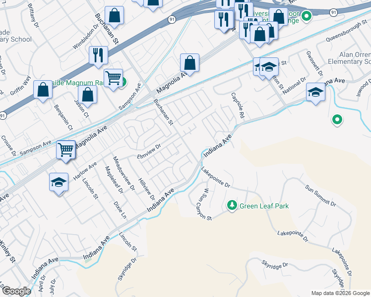 map of restaurants, bars, coffee shops, grocery stores, and more near 3500 Village Garden Mobile Home Park in Riverside