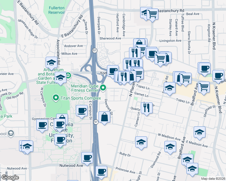 map of restaurants, bars, coffee shops, grocery stores, and more near 2921 Wellesley Court in Fullerton