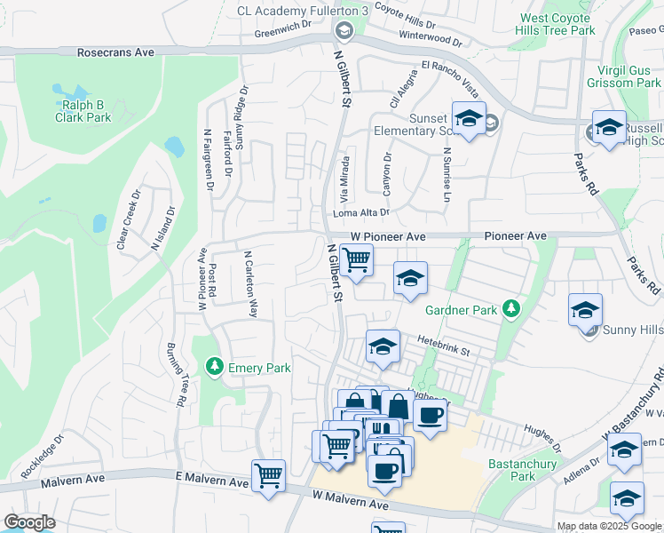 map of restaurants, bars, coffee shops, grocery stores, and more near in Fullerton