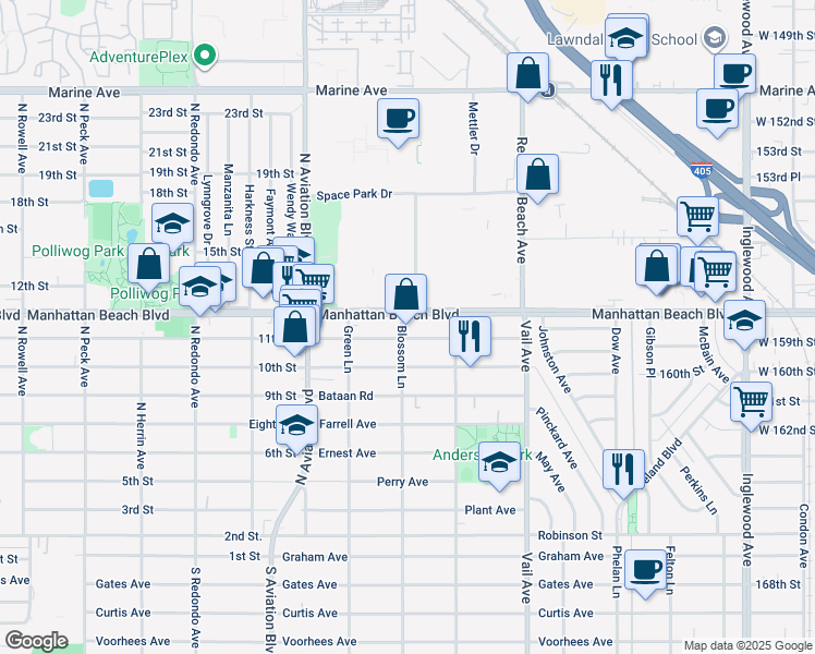 map of restaurants, bars, coffee shops, grocery stores, and more near 2108 Warfield Avenue in Redondo Beach