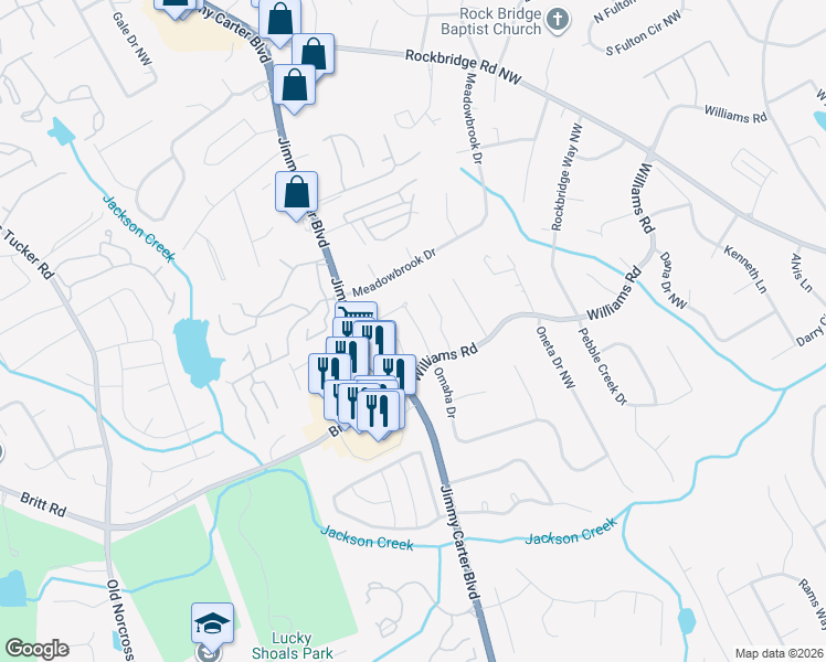 map of restaurants, bars, coffee shops, grocery stores, and more near 6138 Brookechase Lane in Norcross