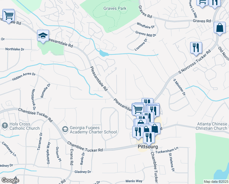 map of restaurants, bars, coffee shops, grocery stores, and more near 4018 Woodridge Way in Tucker