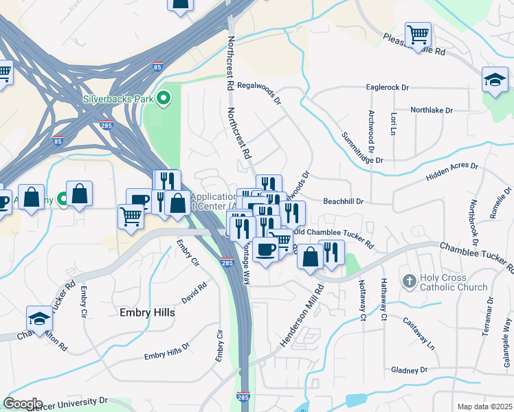 map of restaurants, bars, coffee shops, grocery stores, and more near 3314 Northcrest Road in Doraville