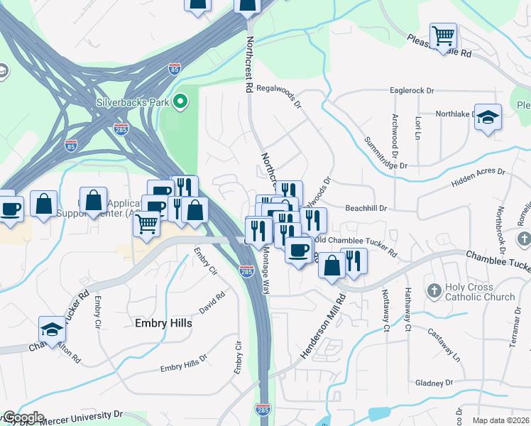 map of restaurants, bars, coffee shops, grocery stores, and more near 3314 Northcrest Road in Doraville