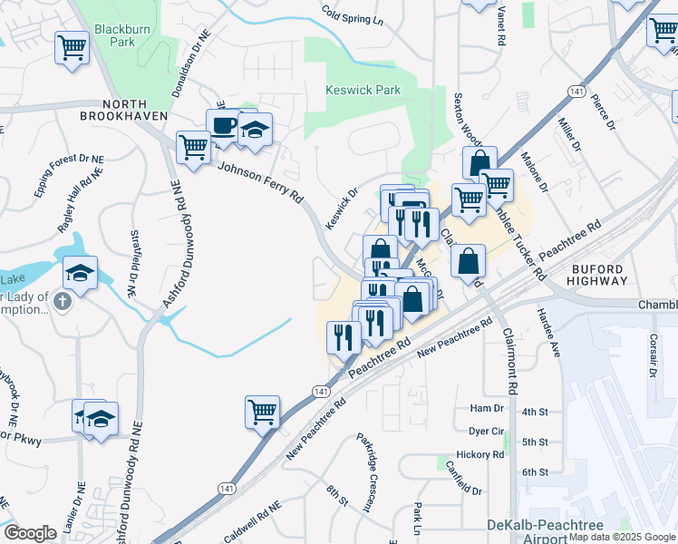 map of restaurants, bars, coffee shops, grocery stores, and more near 2448 Gatebury Circle in Chamblee