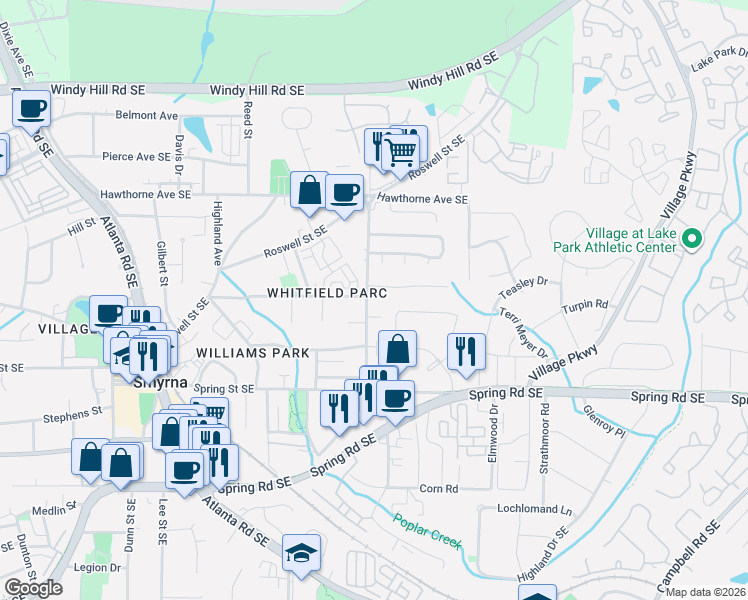 map of restaurants, bars, coffee shops, grocery stores, and more near 2721 Mathews Street in Smyrna