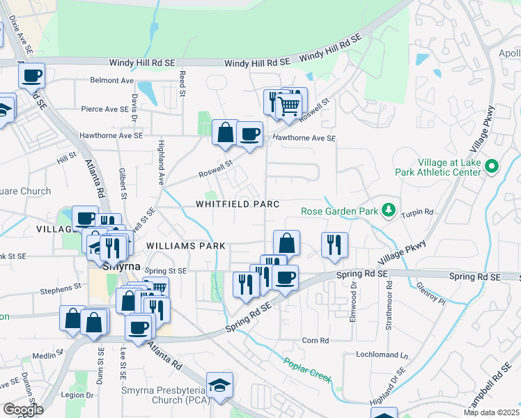 map of restaurants, bars, coffee shops, grocery stores, and more near 2721 Mathews Street in Smyrna