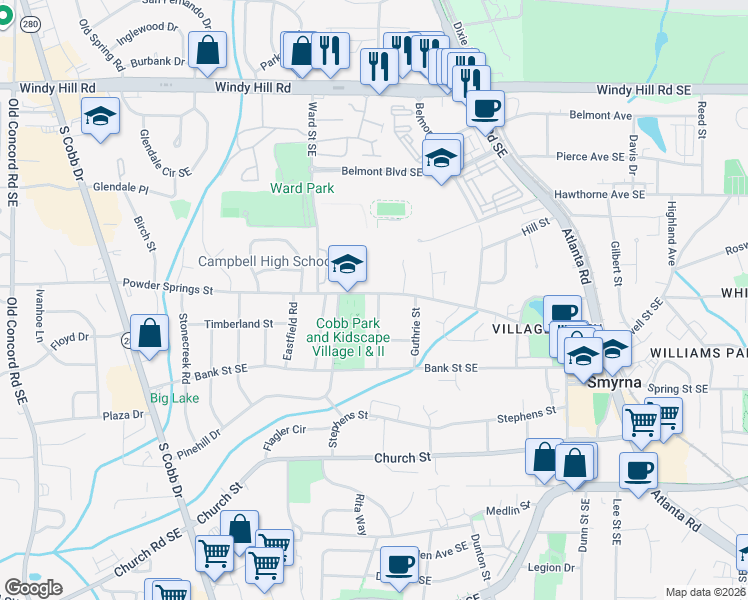 map of restaurants, bars, coffee shops, grocery stores, and more near 2706 Fraser Street in Smyrna