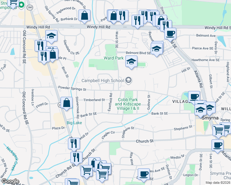 map of restaurants, bars, coffee shops, grocery stores, and more near 2735 Eastfield Road in Smyrna