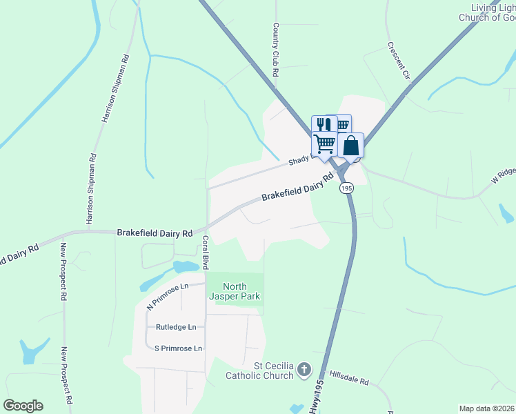 map of restaurants, bars, coffee shops, grocery stores, and more near 1001-1013 Roy Bennett Circle in Jasper